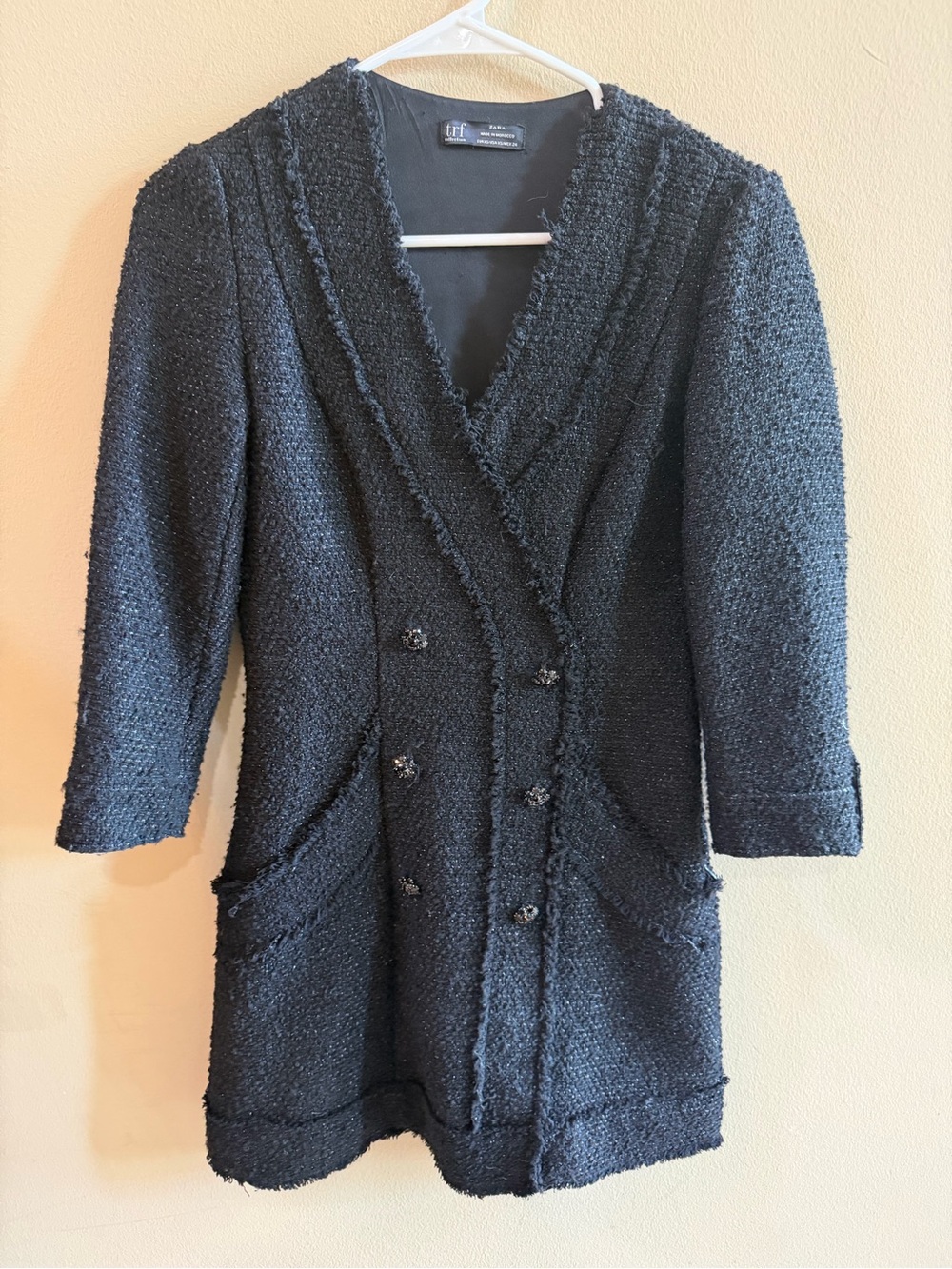 Zara Black Tweed Double-Breasted Long Blazer